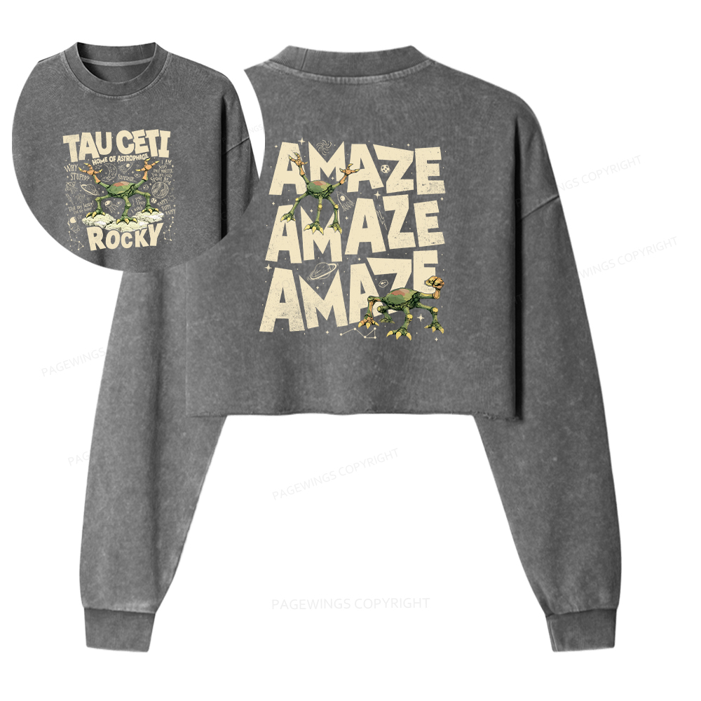 Pagewings Rocky Tau Ceti Home of Astrophage Washed Crop Sweatshirt