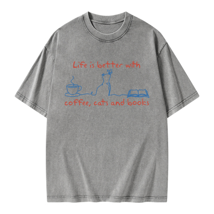 Pagewings Life Is Better With Coffee Cats And Books Unisex Washed T-shirt