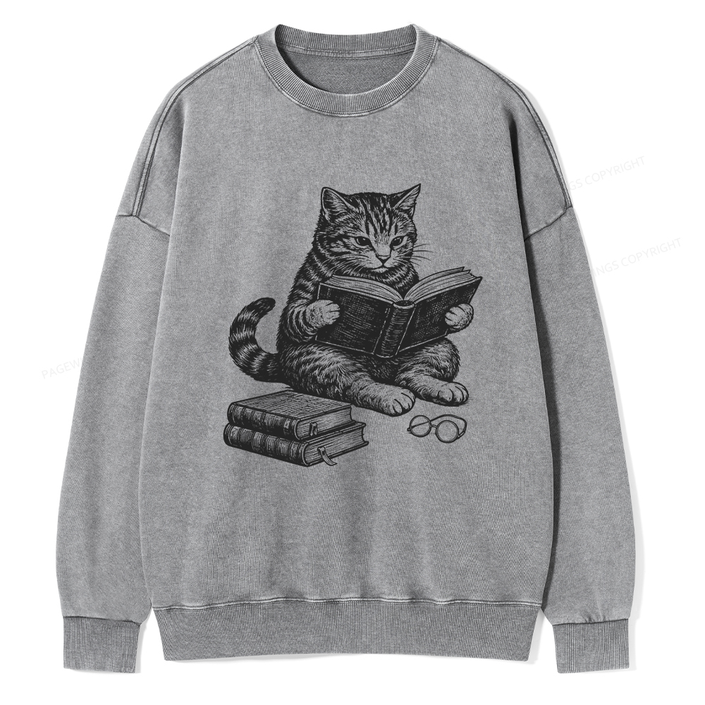 Pagewings Cat Reading Book Unisex Washed Sweatshirt