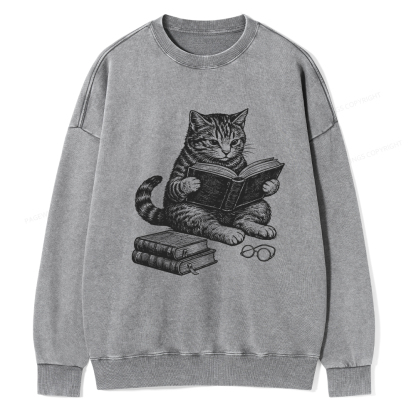 Pagewings Cat Reading Book Unisex Washed Sweatshirt