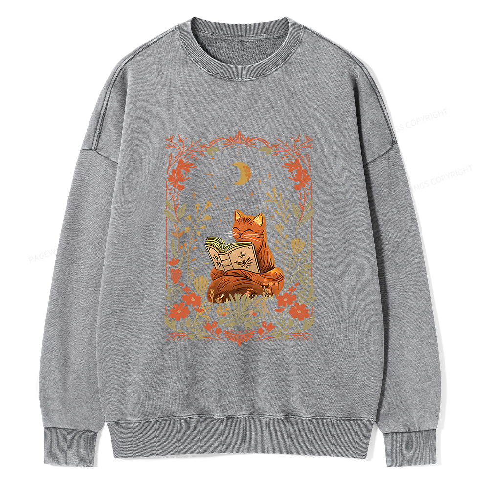 Pagewings Cat Wildflower Book Reading Unisex Washed Sweatshirt