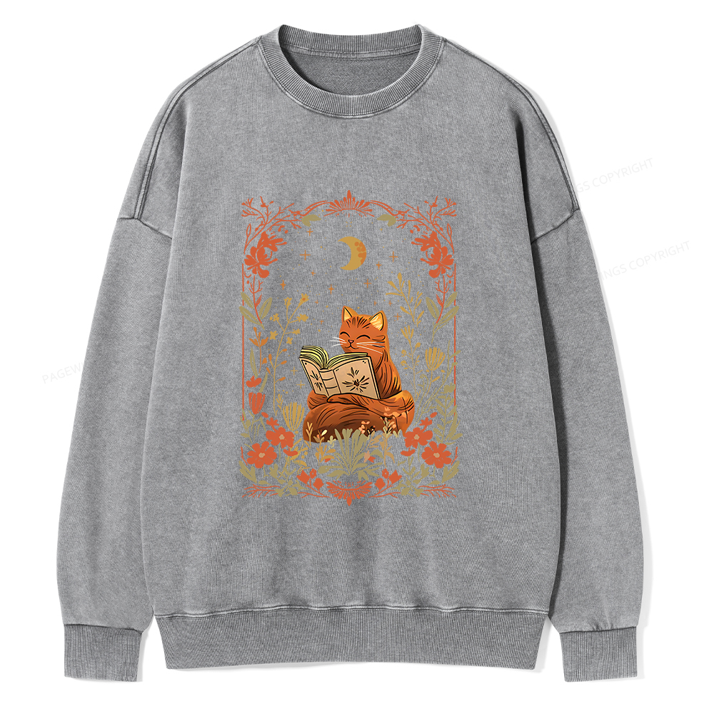Pagewings Cat Wildflower Book Reading Unisex Washed Sweatshirt