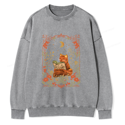 Pagewings Cat Wildflower Book Reading Unisex Washed Sweatshirt