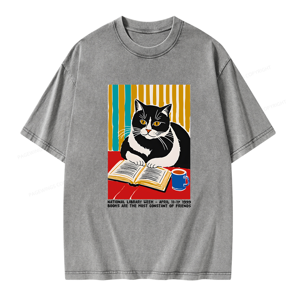 Pagewings Ational Library Week Cat Poster Unisex Washed T-shirt