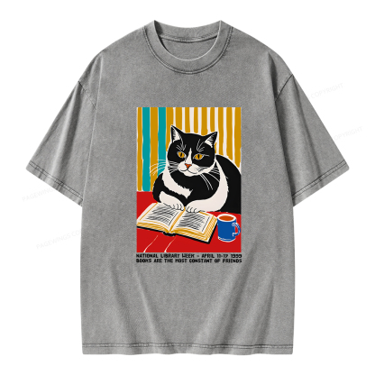Pagewings Ational Library Week Cat Poster Unisex Washed T-shirt