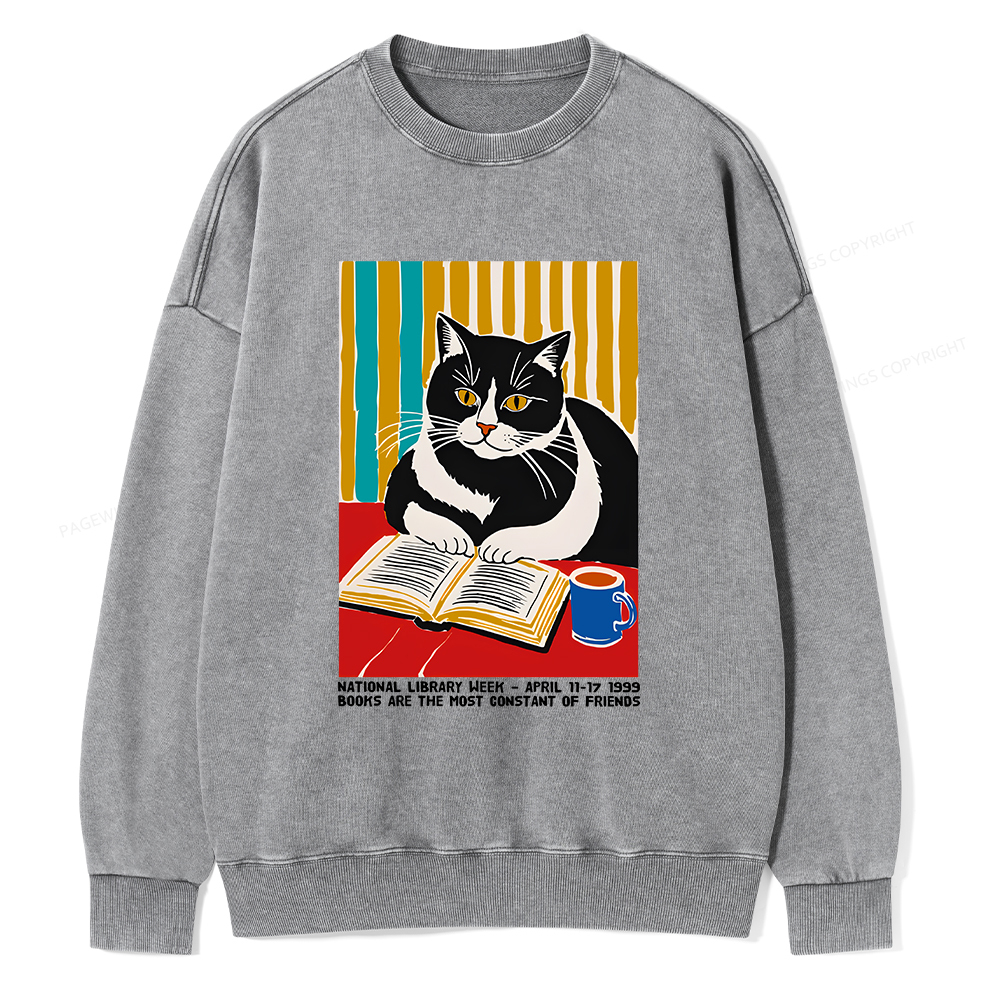 Pagewings Ational Library Week Cat Poster Unisex Washed Sweatshirt