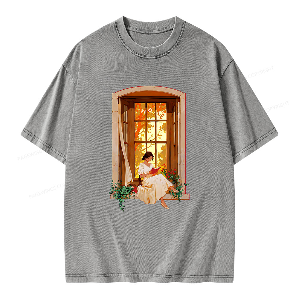 Pagewings Book Lovers Reading By The Window  Unisex Washed T-shirt