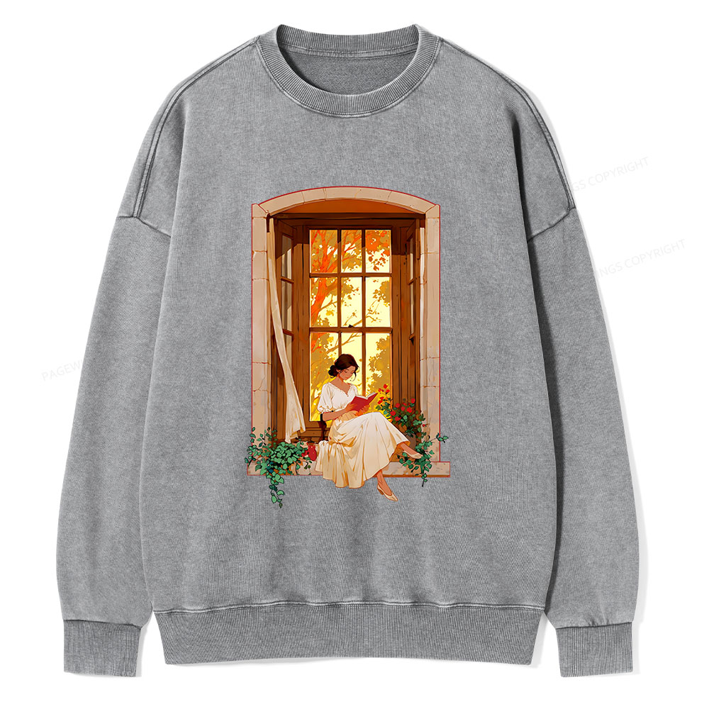 Pagewings Book Lovers Reading By The Window Unisex Washed Sweatshirt