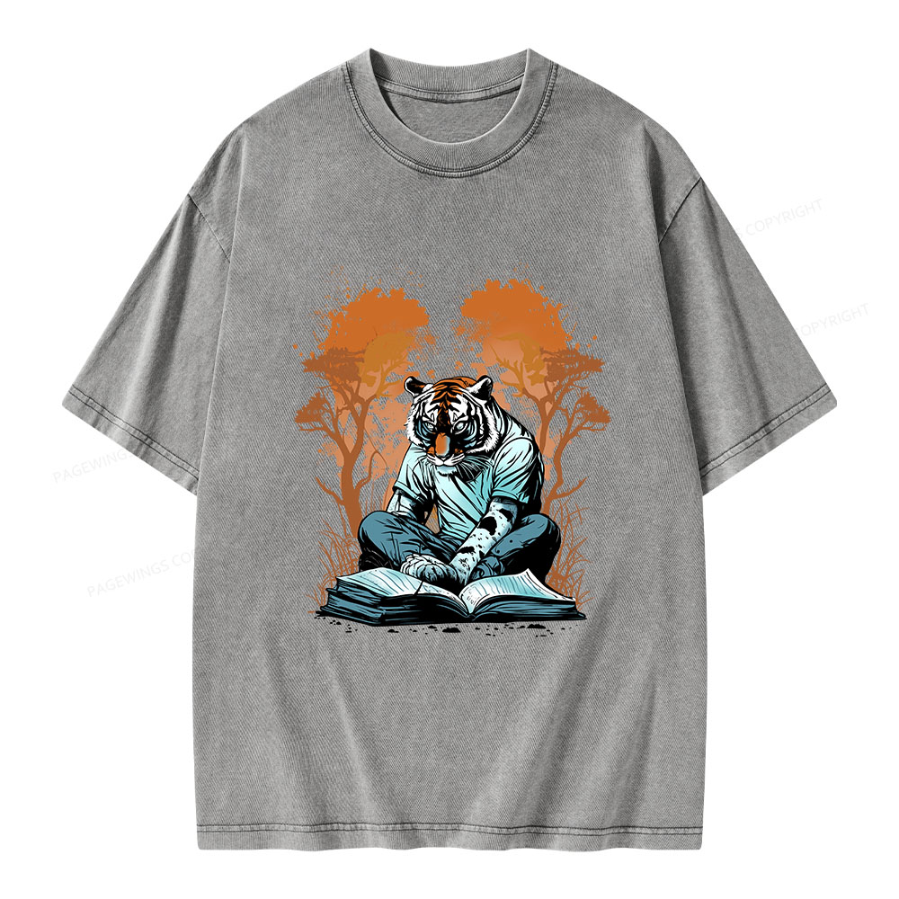 Pagewings Tiger Reading A Book Unisex Washed T-shirt