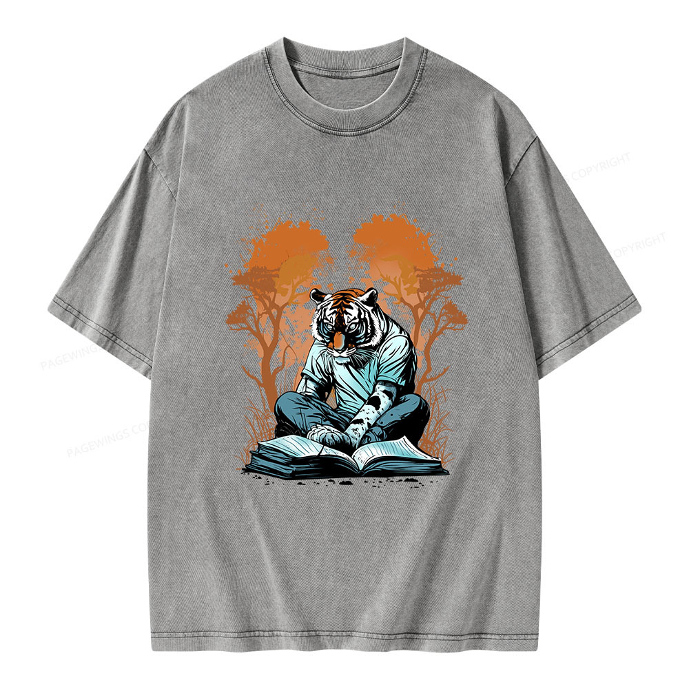 Pagewings Tiger Reading A Book Unisex Washed T-shirt