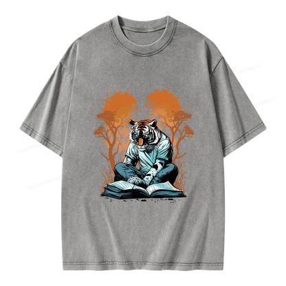 Pagewings Tiger Reading A Book Unisex Washed T-shirt