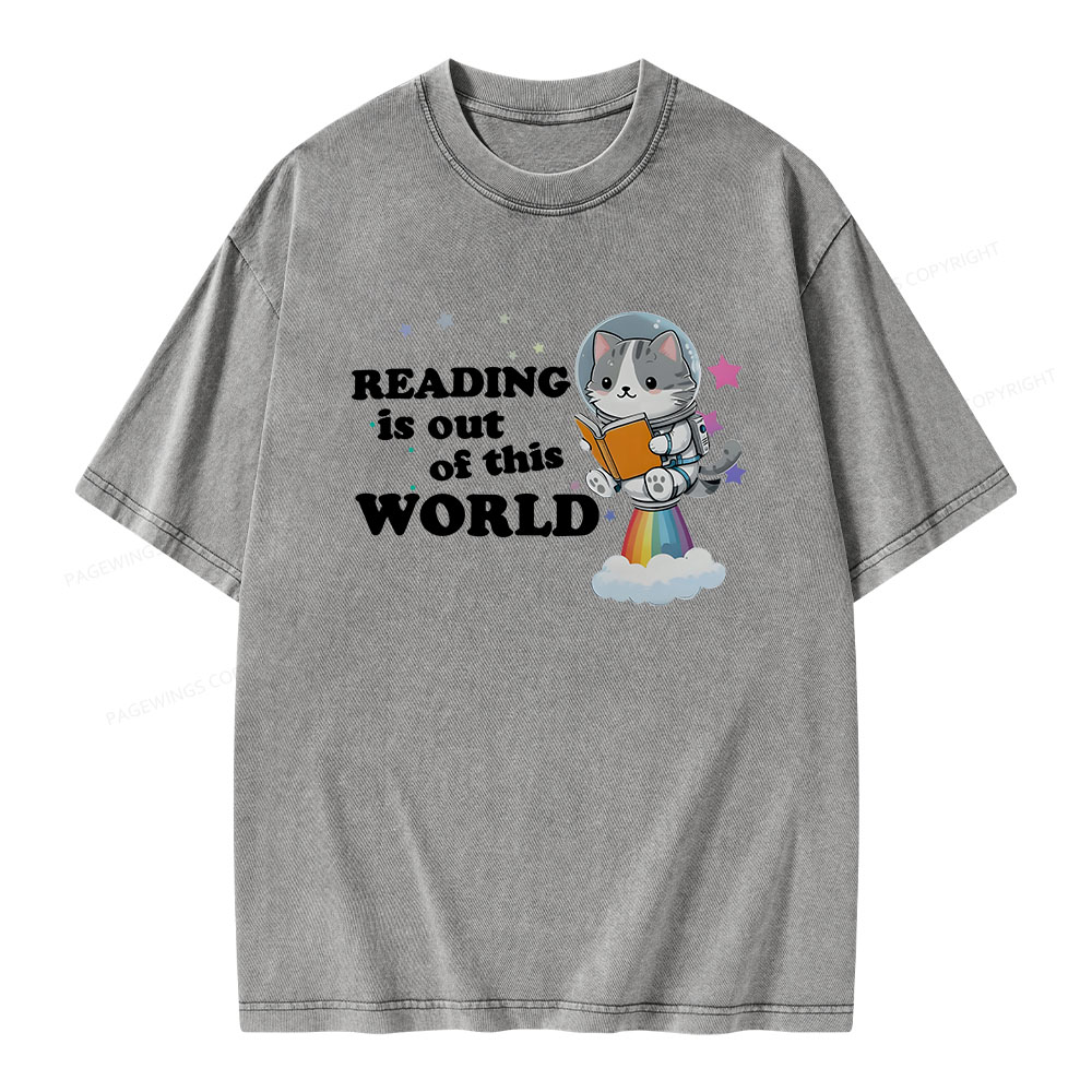 Pagewings Cat Reading in Space Unisex Washed T-shirt