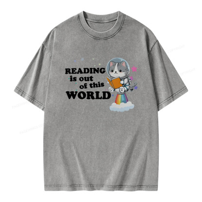 Pagewings Cat Reading in Space Unisex Washed T-shirt