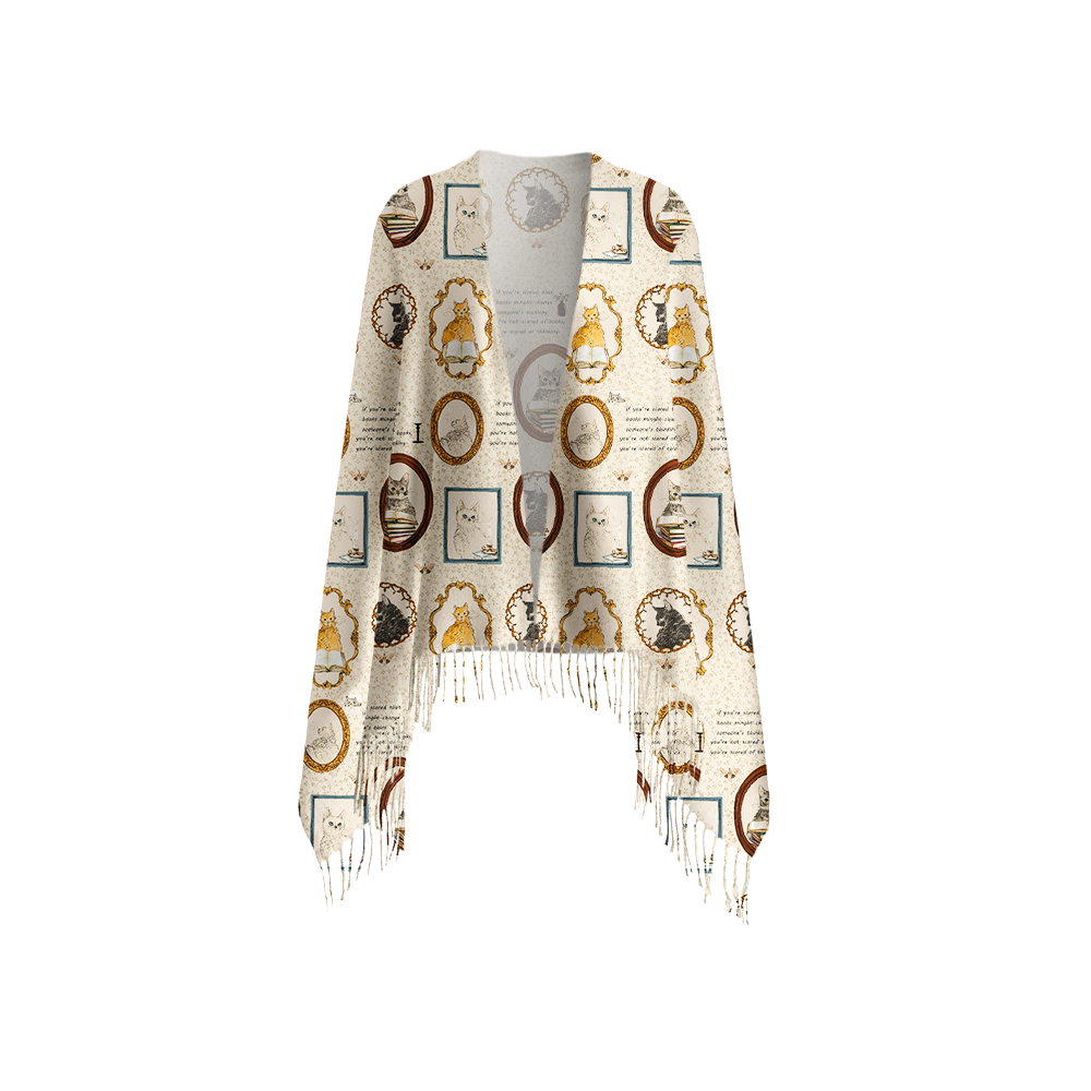Pagewings Cat Reading  Long Fringe Scarf 