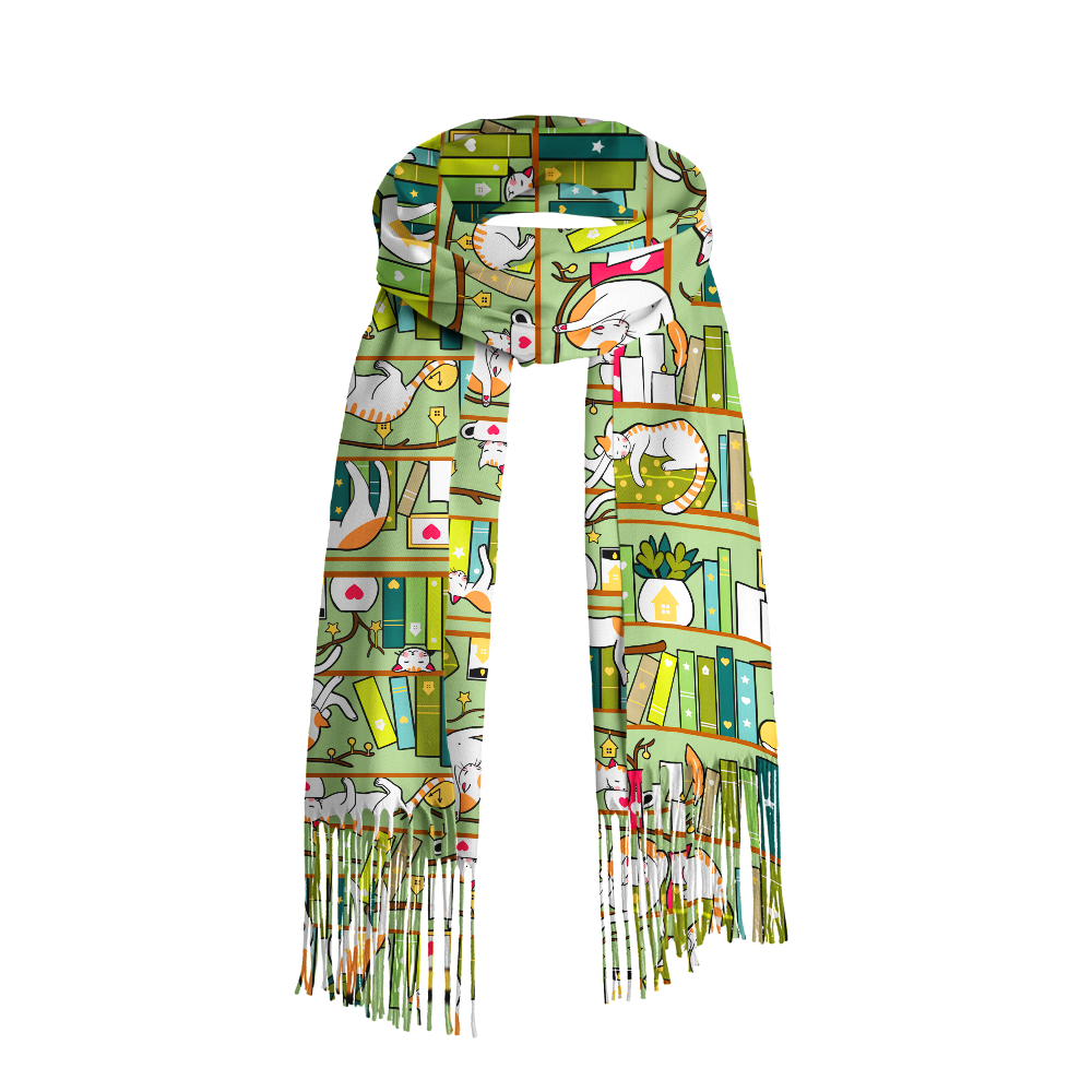 Pagewings Cat Reading Long Fringe Scarf