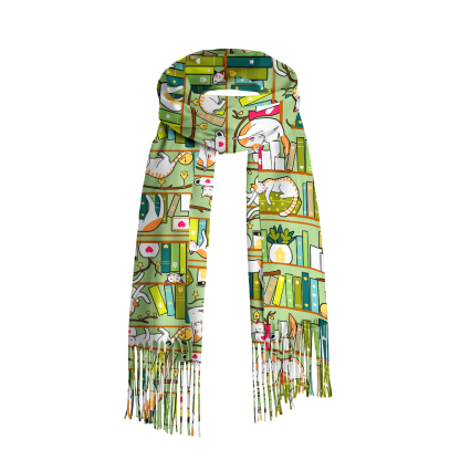 Pagewings Cat Reading Long Fringe Scarf