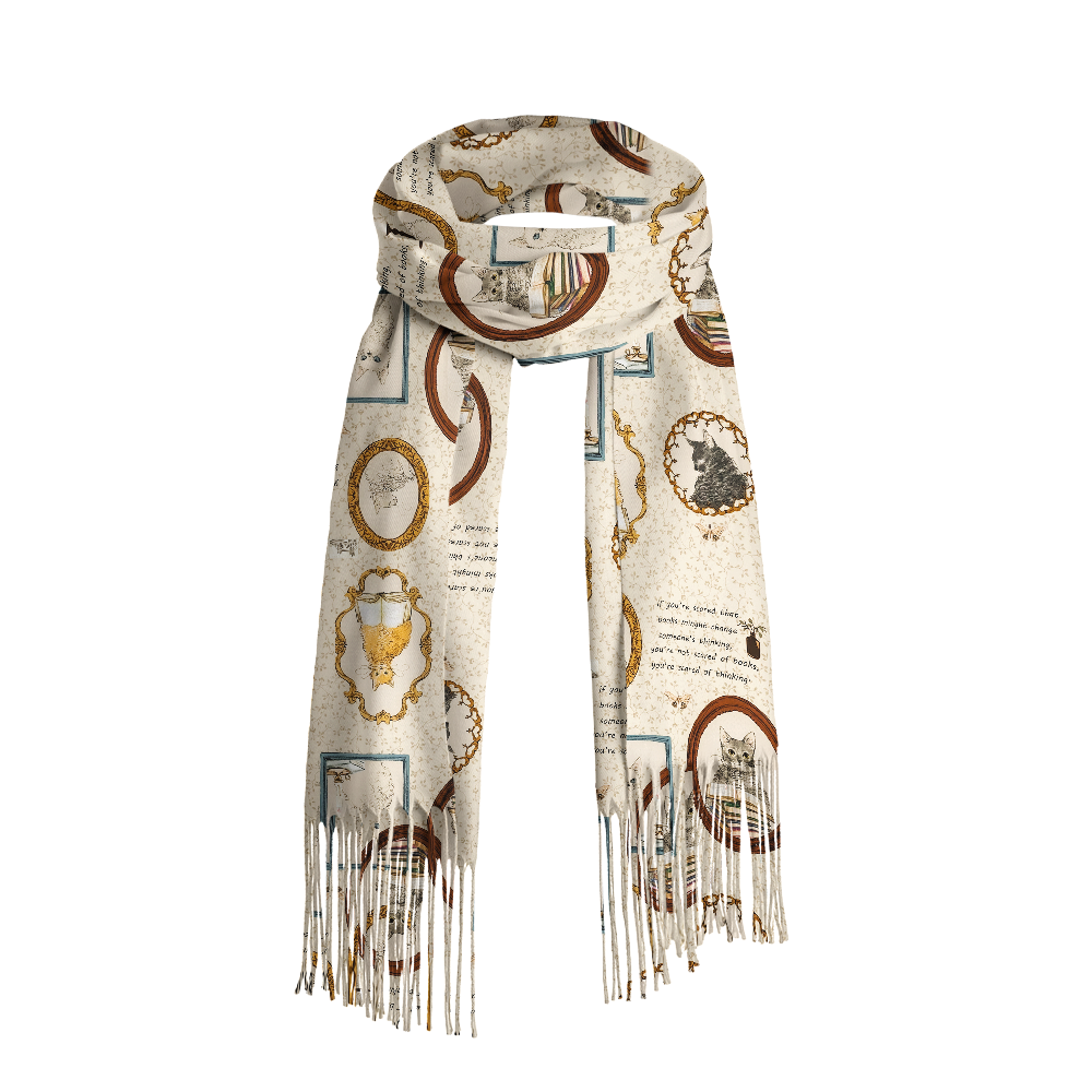 Pagewings Cat Reading  Long Fringe Scarf 