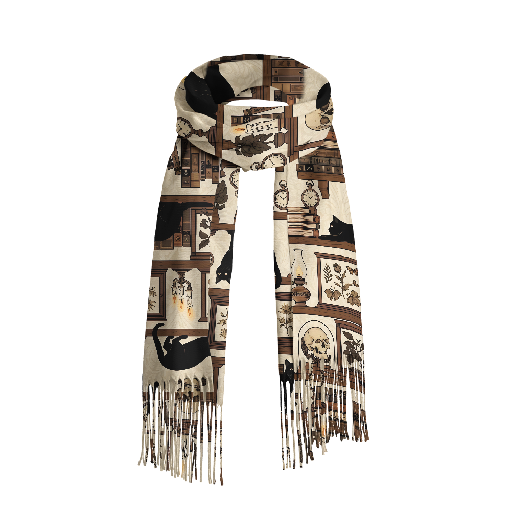 Pagewings Cat Reading Long Fringe Scarf