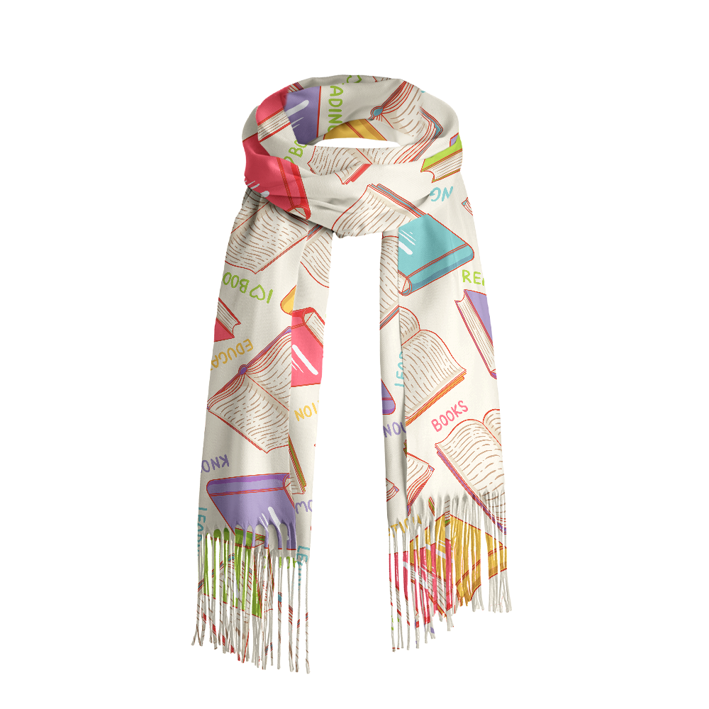 Pagewings Library Stamp Long Fringe Scarf