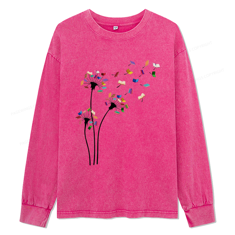 Pagewings Cute Dandelion Books Flower Fly Unisex Washed Long Sleeve T-shirt
