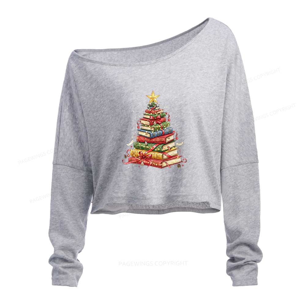Pagewings Christmas Tree Made of Books Slouchy Long Sleeve Off Shoulder T-shirt