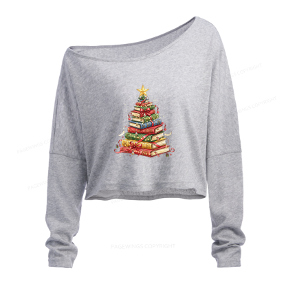 Pagewings Christmas Tree Made of Books Slouchy Long Sleeve Off Shoulder T-shirt