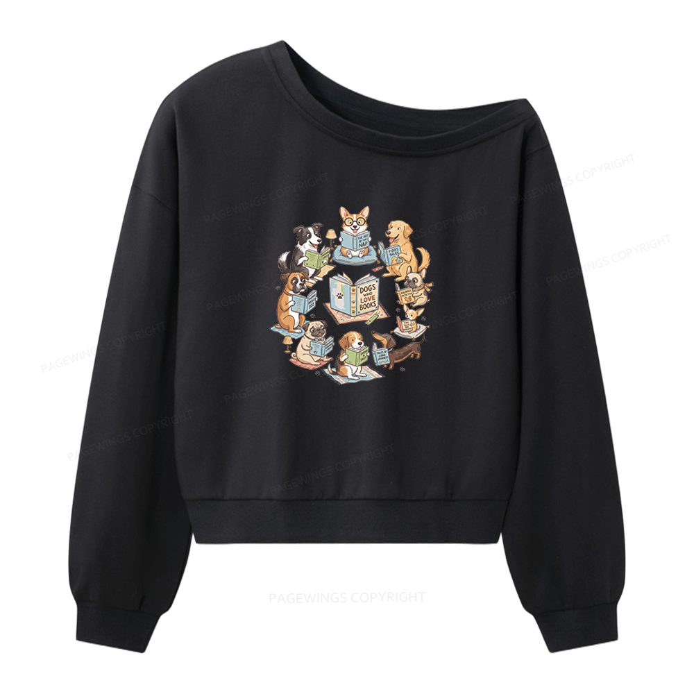 Pagewings Funny Dog Reading Women Off Shoulder Sweatshirt