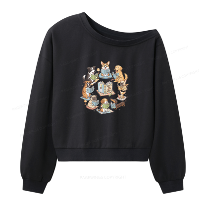 Pagewings Funny Dog Reading Women Off Shoulder Sweatshirt