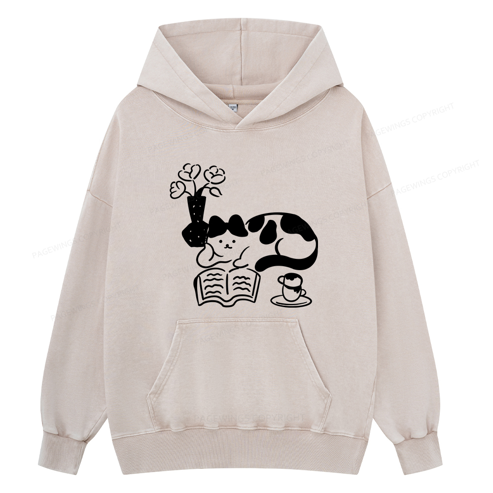 Pagewings The Cat Who Loves Reading Unisex Washed Hoodie