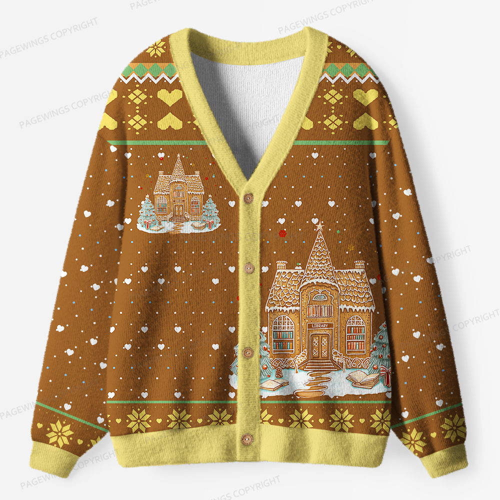 Pagewings Gingerbread Library Unisex Ugly Cardigan Sweaters