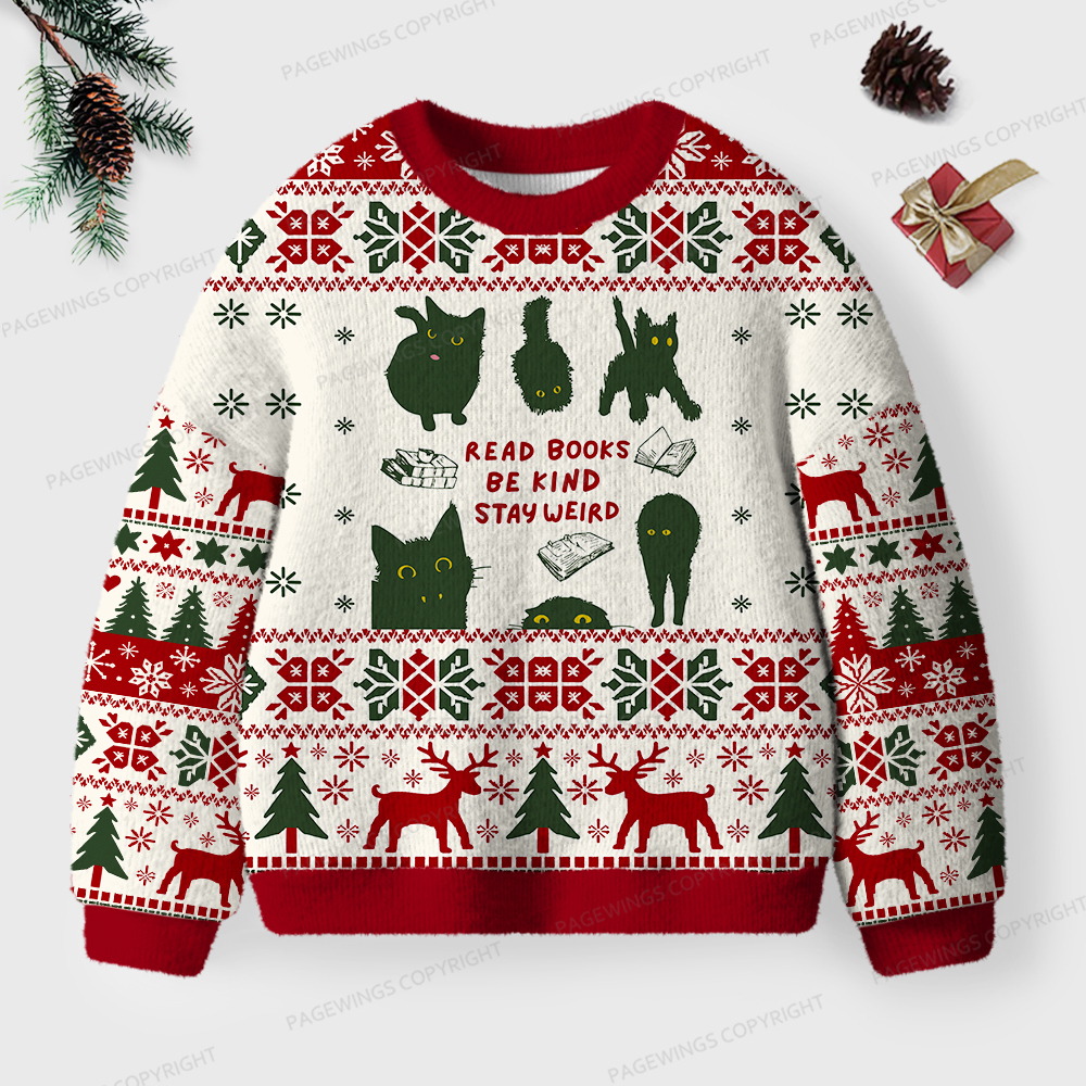 Pagewings Read Books Be Kind Stay Weird Unisex Ugly Knit Sweatshirt