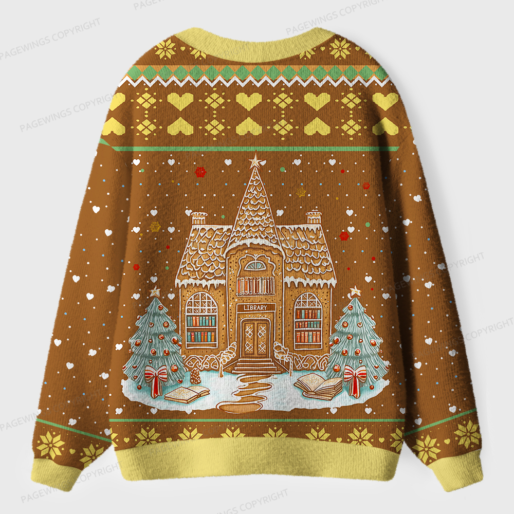Pagewings Gingerbread Library Unisex Ugly Cardigan Sweaters