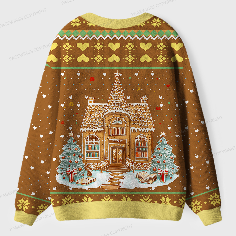 Pagewings Gingerbread Library Unisex Ugly Cardigan Sweaters