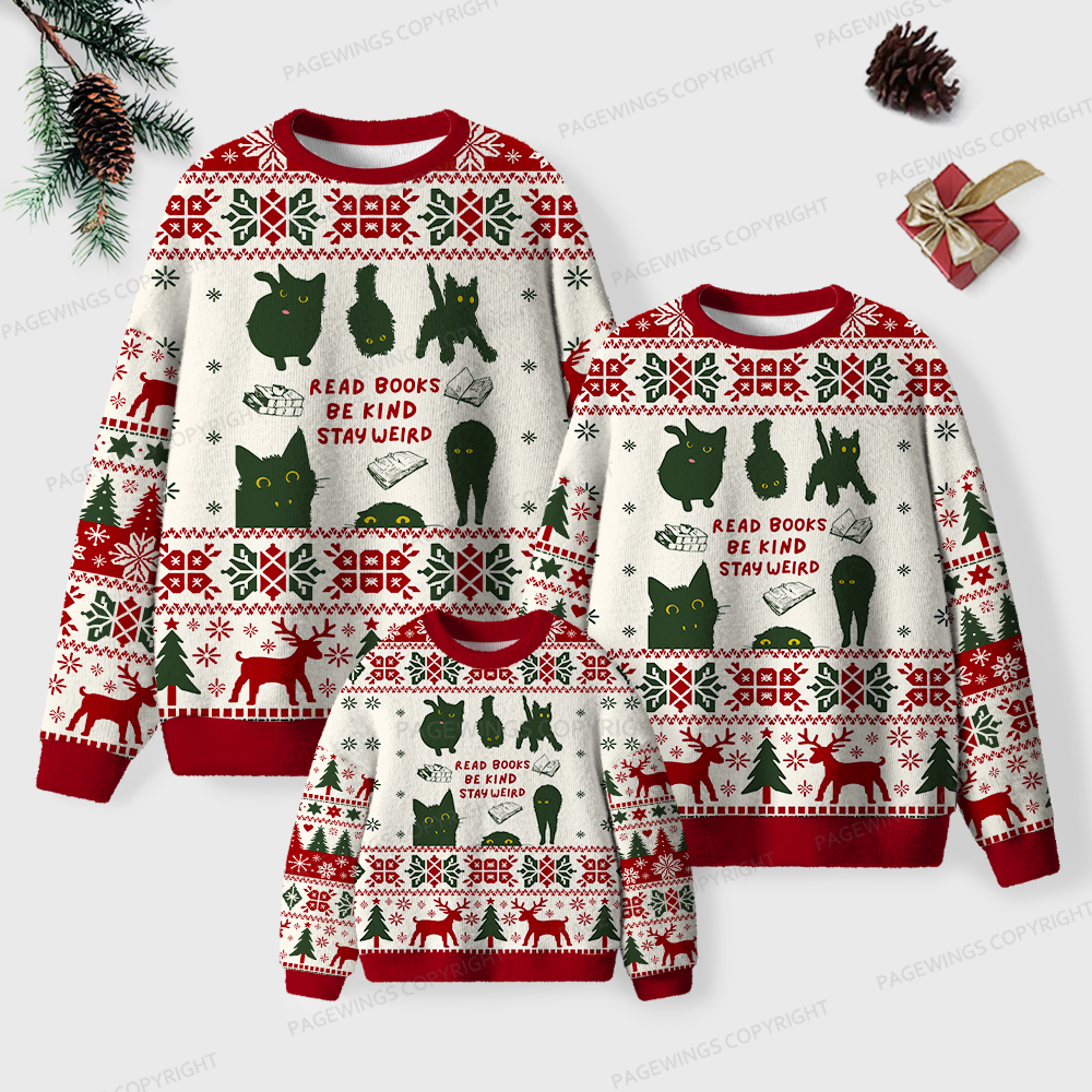 Pagewings Read Books Be Kind Stay Weird Unisex Ugly Knit Sweatshirt