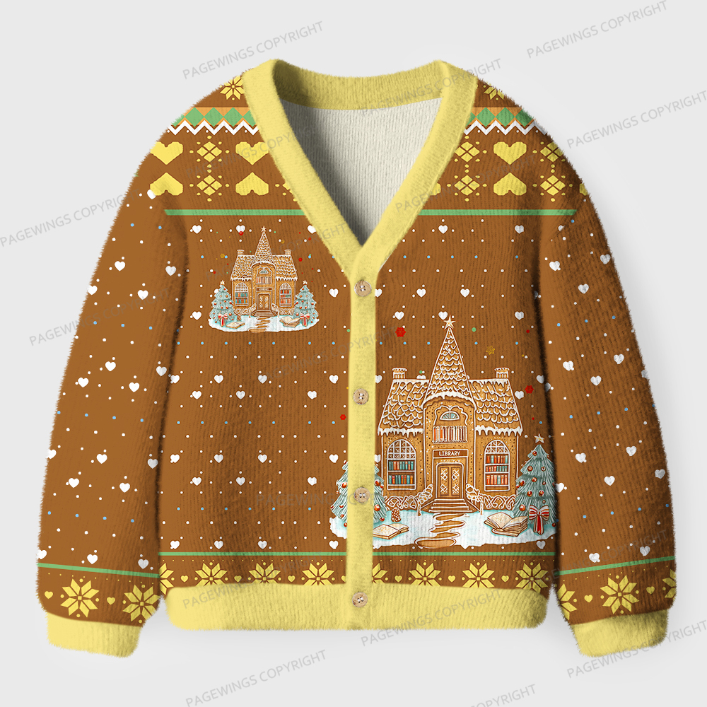 Pagewings Gingerbread Library Unisex Ugly Cardigan Sweaters