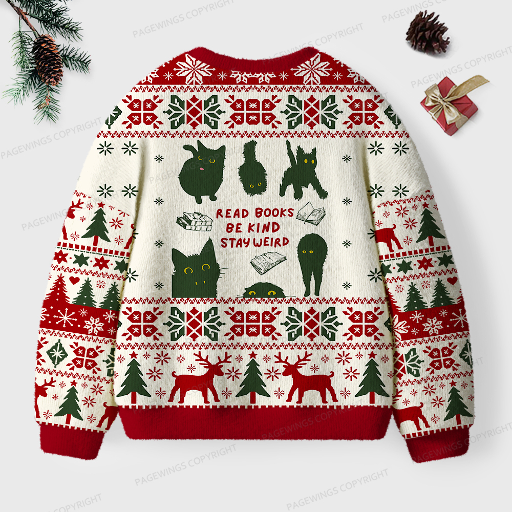 Pagewings Read Books Be Kind Stay Weird Unisex Ugly Knit Sweatshirt