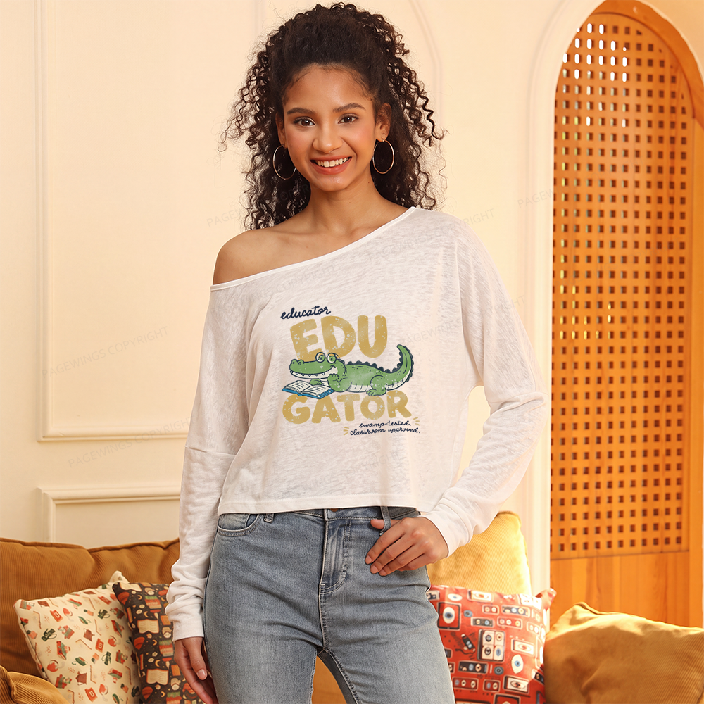 Pagewings Retro Alligator Teacher Slouchy Long Sleeve Off Shoulder T-shirt