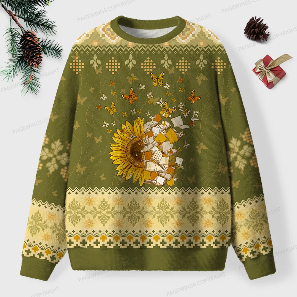 Pagewings Sunflower And Butterflies Unisex Ugly Knit Sweatshirt