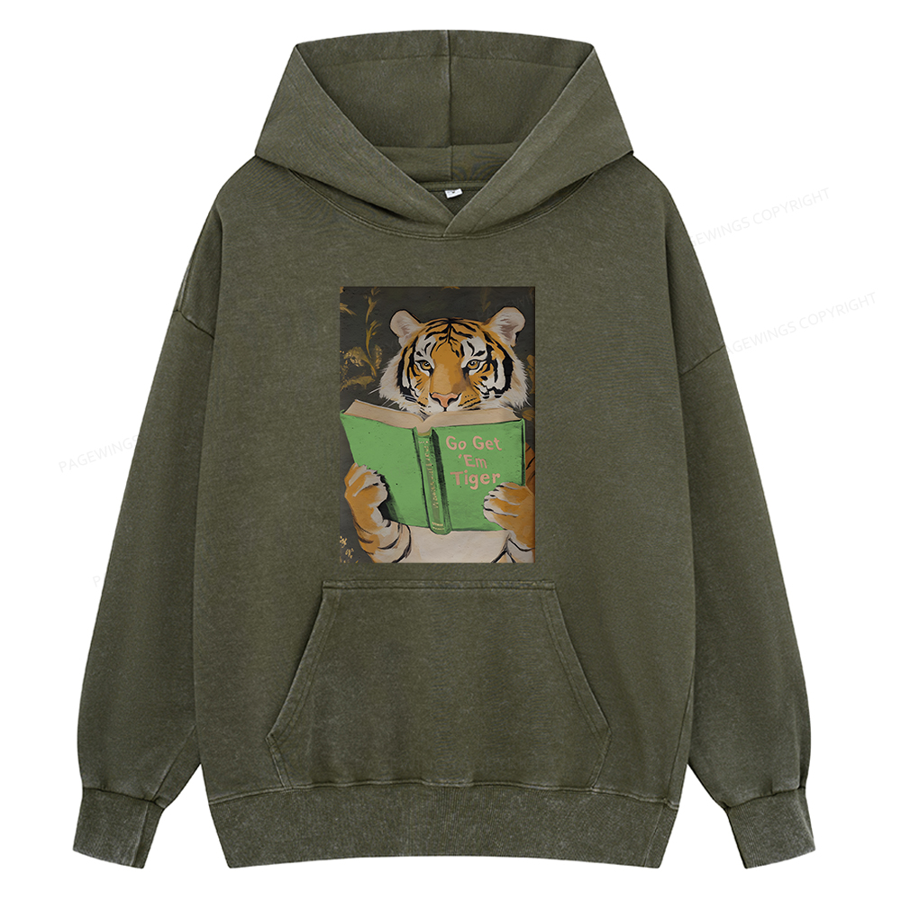 Pagewings Motivational Tiger Reading Unisex Washed Hoodie