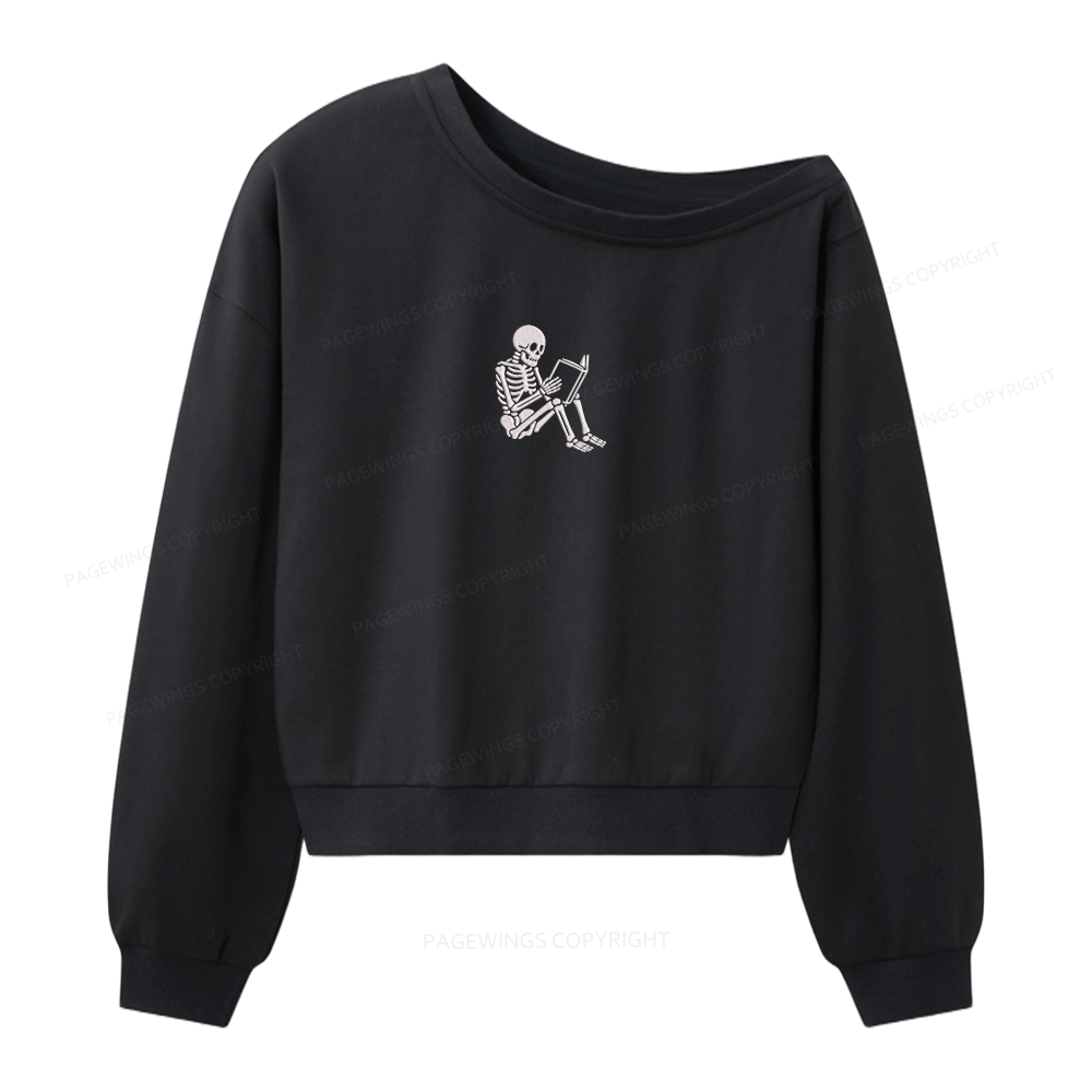 PagewingsToo Skeleton Reading Women Off Shoulder Sweatshirt