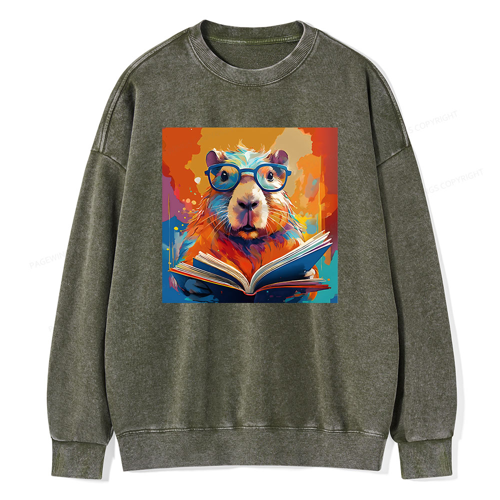 Pagewings Reading Capybar Unisex Washed Sweatshirt