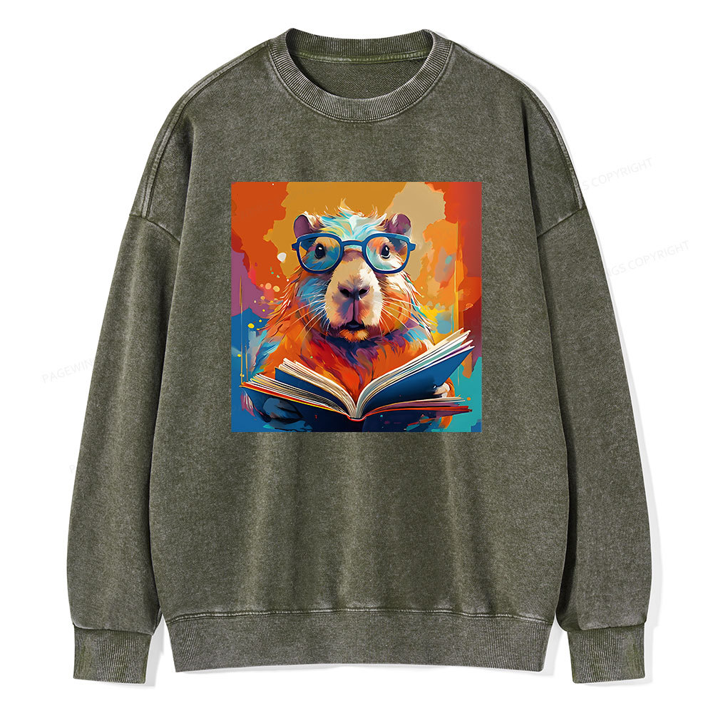 Pagewings Reading Capybar Unisex Washed Sweatshirt