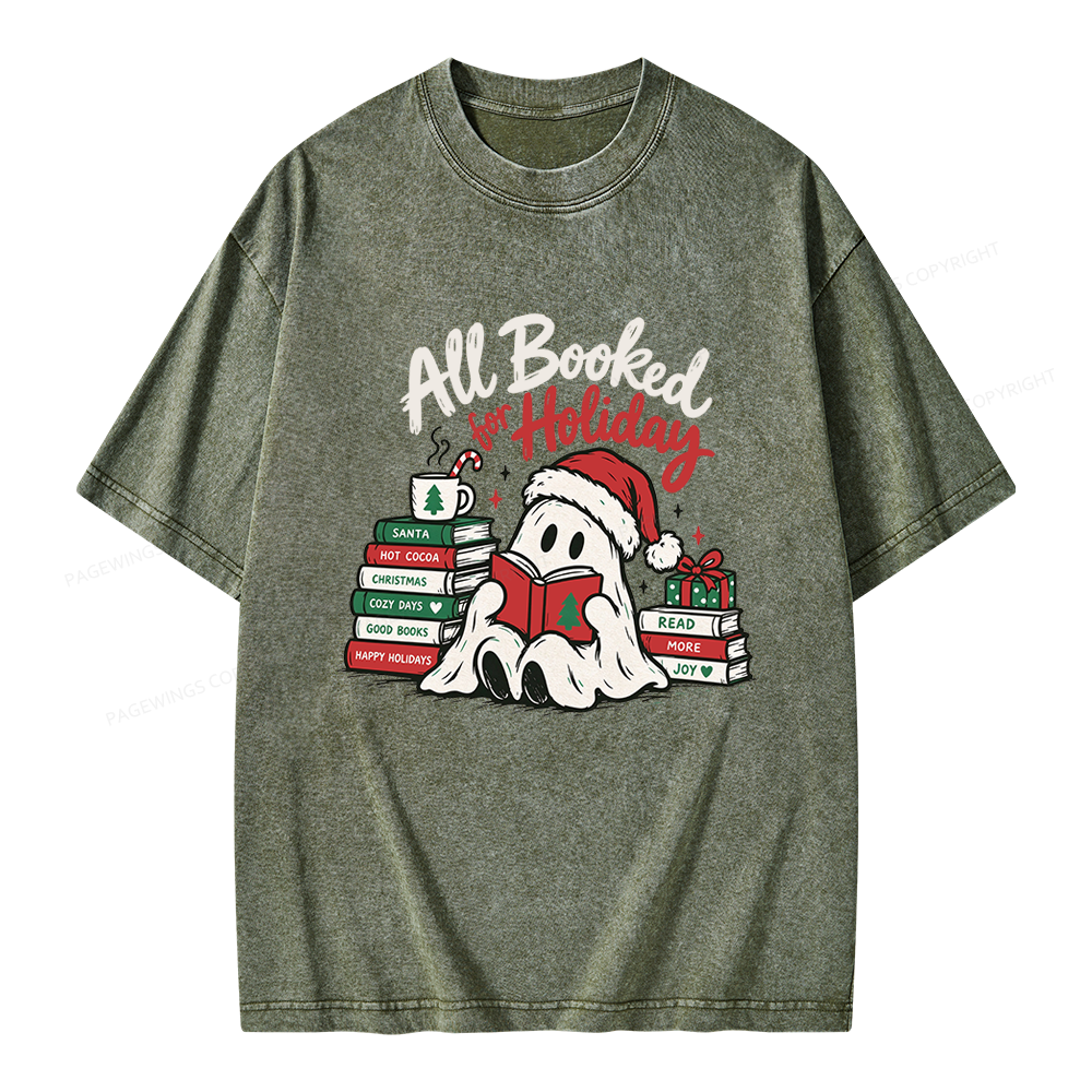 Pagewings Christmas Ghost Reading Books Unisex Washed T-shirt