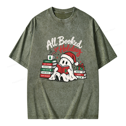 Pagewings Christmas Ghost Reading Books Unisex Washed T-shirt