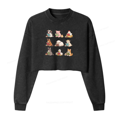 Pagewing Farm Animals Reading Washed Crop Sweatshirt