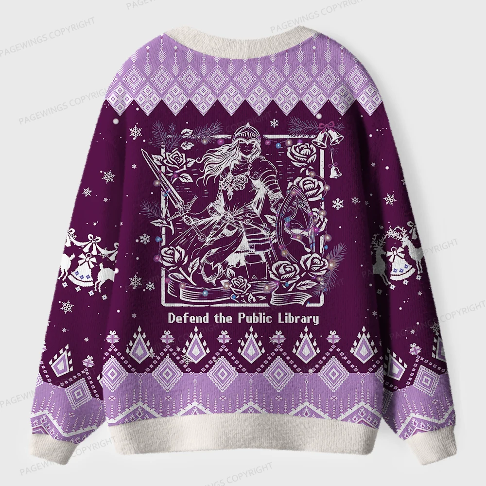 Pagewings Defend The Public Library Unisex Ugly Cardigan Sweaters