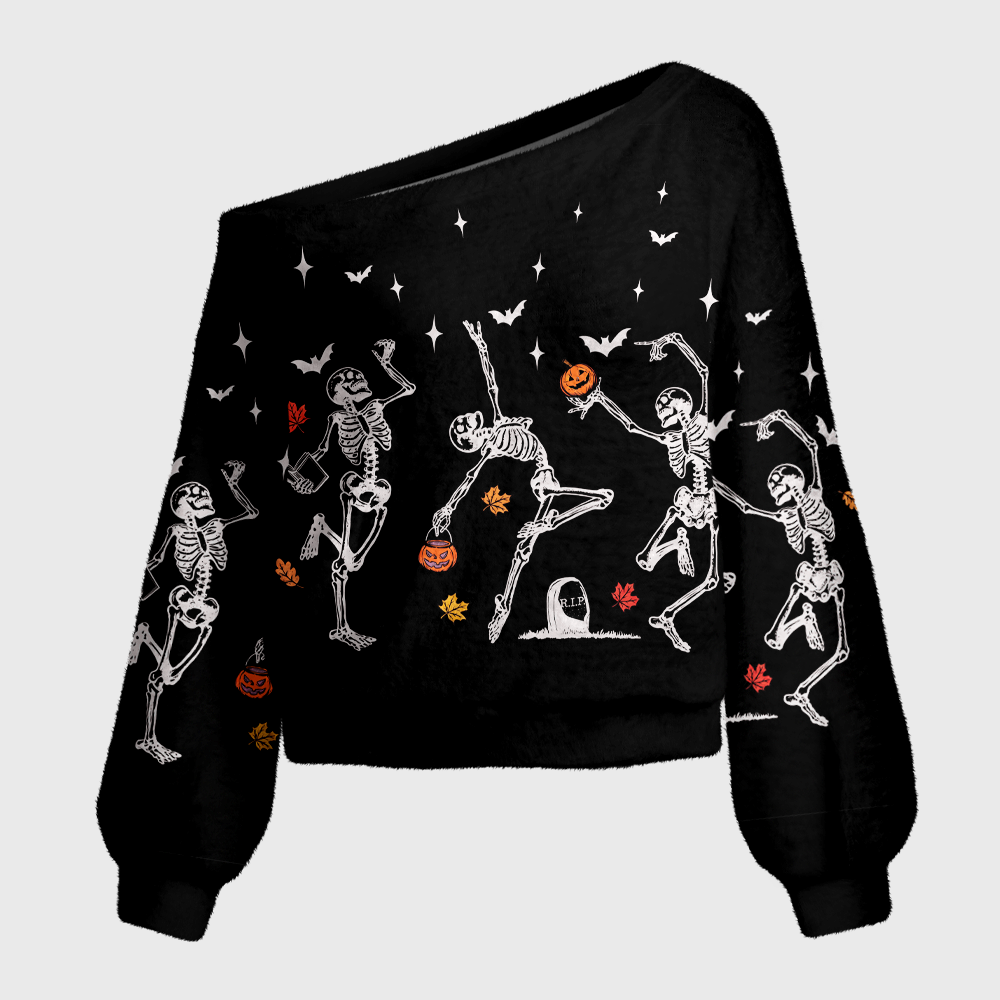 Pagewings Dancing Skeleton Off Shoulder Ugly Knit Sweater