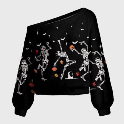 Pagewings Dancing Skeleton Off Shoulder Ugly Knit Sweater