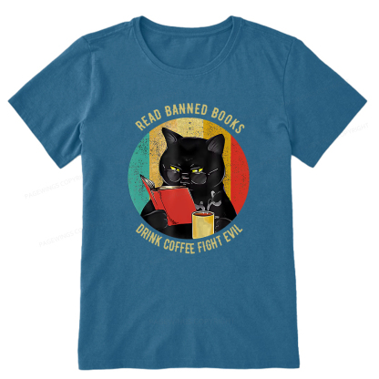 Pagewings Read Banned Books Drink Coffee Fight Evil Retro Cat Lovers T-Shirt Unisex Classic T-shirt