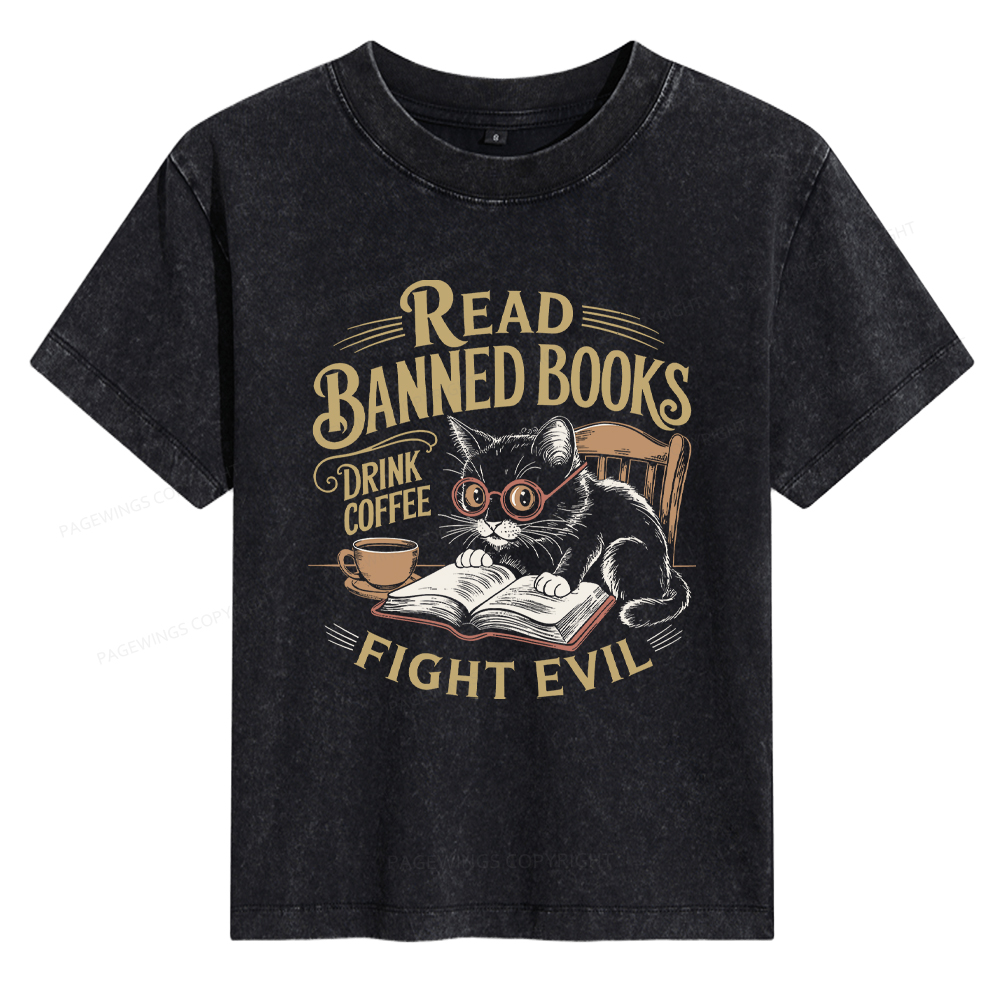 Pagewings Read Books Drink Coffee Fight Evil Women's Washed T-shirt
